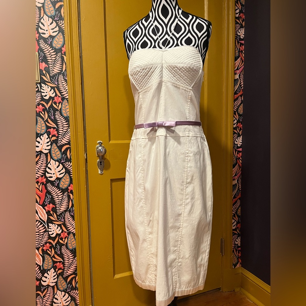 Vintage Early 2000s White Knee Length Pencil Dress with sweet satin details